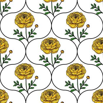 un sin costura floral modelo presentando amarillo rosas con verde hojas en un blanco antecedentes. el diseño es estructurado en un repitiendo cuadrícula formato, exhibiendo el belleza de el flores vector