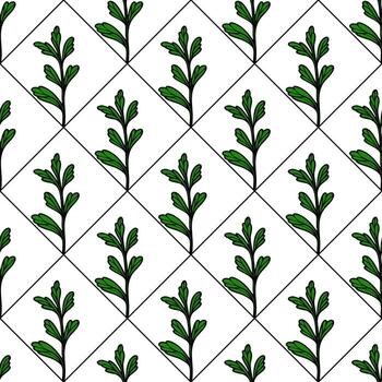 un sin costura modelo presentando verde hojas arreglado en un diamante cuadrícula en un blanco antecedentes. el hojas son ilustrado con multa detalles y contornos, creando un Fresco y natural mirar. vector