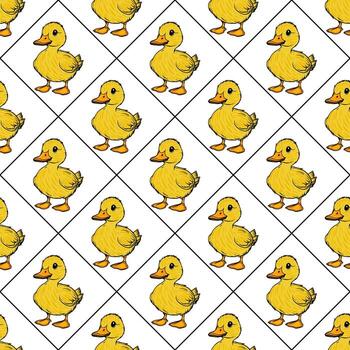 A repeating pattern of cute yellow ducklings on a white background, arranged in a diamond layout. Each duckling is cartoonish with a fluffy texture and bright orange beak. vector