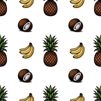 A seamless pattern featuring pineapples, bananas, and coconuts on a white background. The fruits are illustrated in a playful, cartoonish style, creating a vibrant and tropical feel. vector