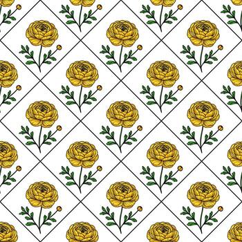 un sin costura modelo presentando amarillo flores con verde hojas en un blanco fondo, arreglado en un diamante cuadrícula disposición. vector