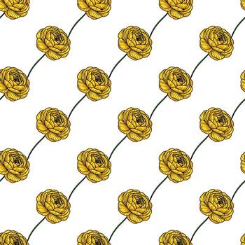 A seamless pattern featuring yellow roses with intricate detailing on a white background. The roses are arranged in a diagonal layout, showcasing their vibrant color and elegant design. vector