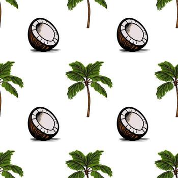 A seamless pattern featuring coconut halves and palm trees on a white background. The coconuts are illustrated with a brown shell and white interior. vector