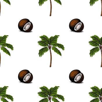 A seamless pattern featuring coconut halves and palm trees on a white background. The coconuts are brown with white flesh, while the palm trees have green fronds and brown trunks. vector