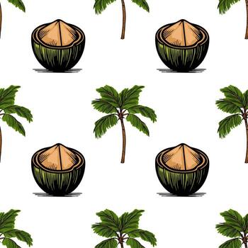 A seamless pattern featuring coconut halves and palm trees on a white background. vector