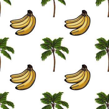 A seamless pattern featuring illustrations of bananas and palm trees on a white background. The bananas are depicted in clusters, while the palm trees have lush green fronds and brown trunks. vector