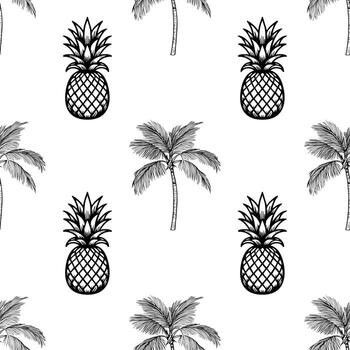A seamless pattern featuring hand-drawn pineapples and palm trees on a white background. The design is playful and tropical, suitable for summer-themed projects. vector