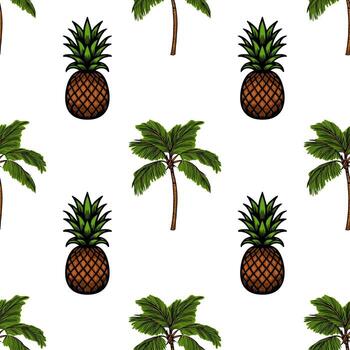 un sin costura modelo presentando piñas y palma arboles en un blanco antecedentes. el piñas son ilustrado con un marrón cuerpo y verde hojas, mientras el palma arboles tener un marrón maletero vector