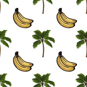 A seamless pattern featuring bananas and palm trees on a white background. The bananas are illustrated in a cartoon style, while the palm trees are lush and vibrant. vector