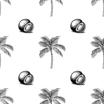 A seamless pattern featuring hand-drawn coconut halves and palm trees on a white background. The design is simple and tropical, ideal for summer-themed projects. vector