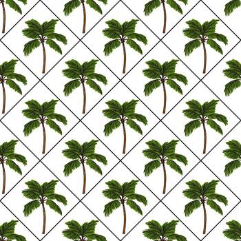 un sin costura modelo presentando palma arboles arreglado en un diamante cuadrícula en un blanco antecedentes. cada palma árbol es ilustrado con lozano verde frondas y un marrón trompa. vector