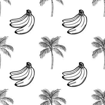 A seamless pattern featuring hand-drawn bananas and palm trees on a white background. The design is simple and tropical, perfect for summer-themed projects. vector