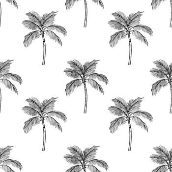 A seamless pattern featuring hand-drawn palm trees on a white background. The palm trees are intricately detailed with long, slender trunks and lush fronds, creating a tropical vibe. vector