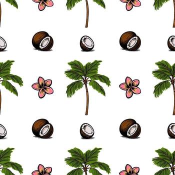 A seamless pattern featuring palm trees, coconuts, and pink flowers on a white background. The design is tropical and vibrant, perfect for summer-themed projects. vector