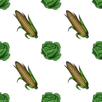 A seamless pattern featuring corn and cabbage on a white background. The corn is depicted with its husk, while the cabbage is shown in a detailed green illustration. vector