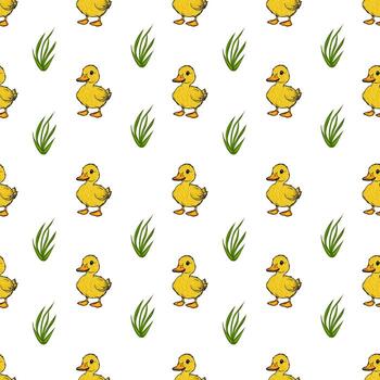 un sin costura modelo presentando linda amarillo patitos y verde césped en un blanco antecedentes. el patitos son caricaturesco, agregando un juguetón toque a el diseño. vector