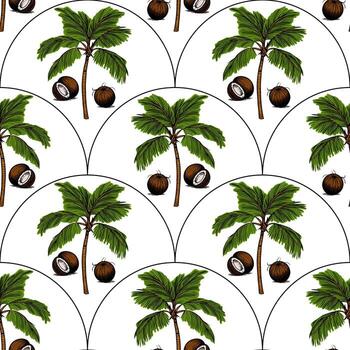 A seamless pattern featuring palm trees and coconuts on a white background. The palm trees are lush and green, while the coconuts are brown and round, creating a tropical vibe. vector