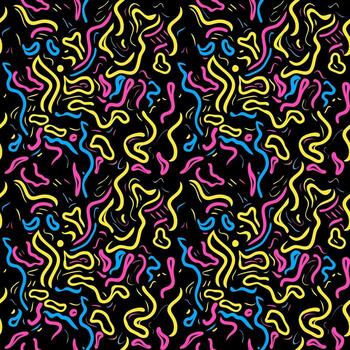 A vibrant abstract pattern featuring colorful wavy lines in pink, yellow, and blue against a black background, creating a lively and dynamic effect. vector