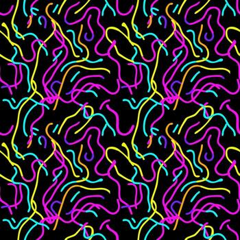 A vibrant abstract pattern featuring colorful, wavy lines in pink, yellow, turquoise, and blue on a black background. The design is playful and dynamic. vector