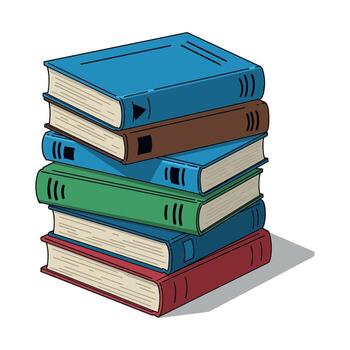 Stack of colorful books with various covers in illustrative style. vector