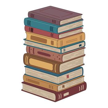 Stack of colorful books with diverse covers in a vertical arrangement. vector