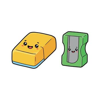 Cute stationery characters with smiling eraser and sharpener in cartoon style. vector
