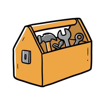 amarillo caja de herramientas con martillo, llave inglesa, y herramientas. vector