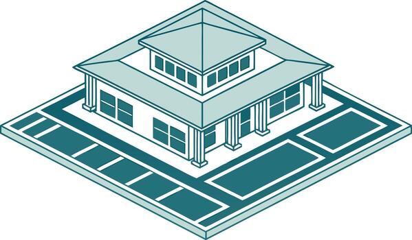 Teal and white isometric building with columns and windows vector