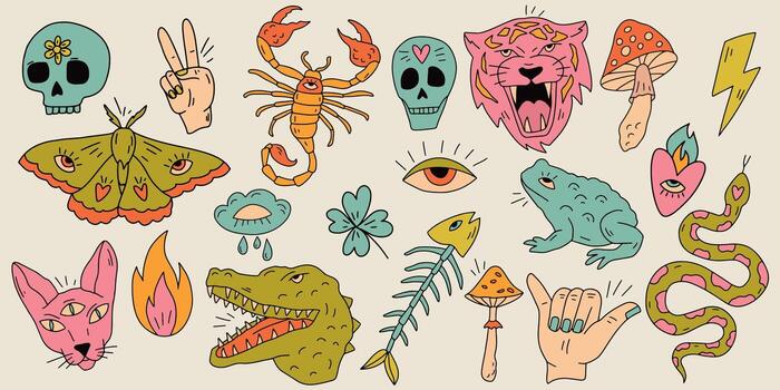A collection of illustrations in primitive doodle style with psychedelic elements in a retro colour palette. Images of skulls, animals, hearts, snakes, mushrooms, eyes, scorpion, toad, sphinx vector