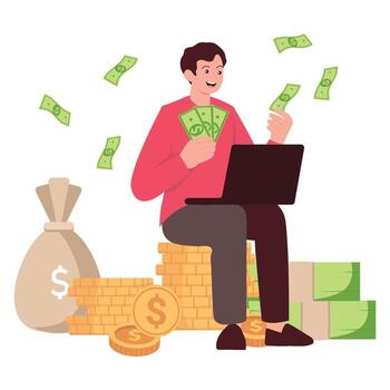Man holding dollars while working on a laptop, surrounded by coins and cash, celebrating financial success. vector