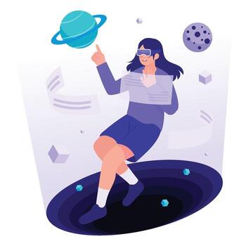 A girl explores planets and data in an immersive space environment through augmented virtual reality technology. vector