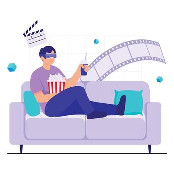 A person enjoying a movie experience in the metaverse while sitting on a sofa with popcorn and drink. vector