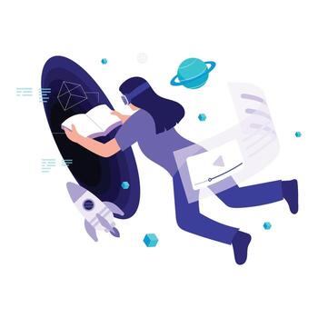 A girl floats in virtual space reading and exploring digital educational content in a 3D metaverse environment. vector