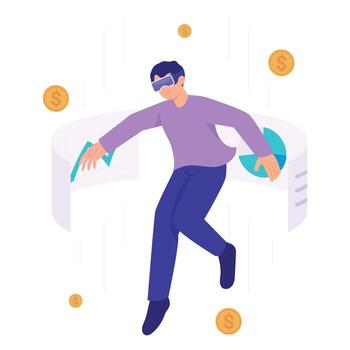 A man analyzes charts and financial data in a digital metaverse space using immersive tools and virtual dashboards. vector