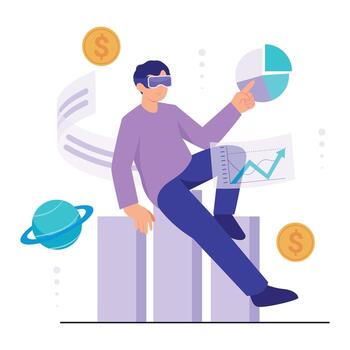 A man analyzes virtual finance data using augmented tools in the metaverse environment. vector