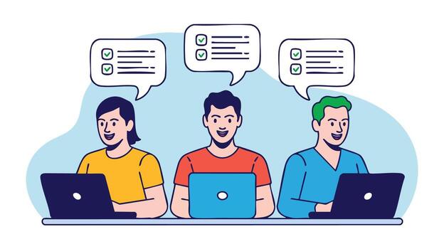 ai generar equipo cooperación y tarea logro ilustración para digital colaboración en línea con laptops cheque marca concepto de un compartido proyecto vector