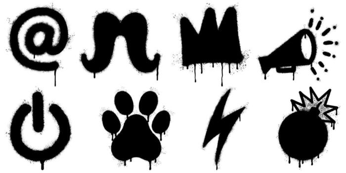 Collection of stencil graffiti icons spray painted on a white background. The set includes an at symbol, mustache, crown, megaphone, power button, paw print, lightning bolt, and bomb explosion. vector