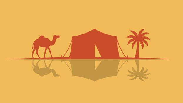 illustration of a camel standing beside a tent and palm trees, reflected in a desert oasis scene with warm tones. Ideal for Middle Eastern, nomadic, or travel-related visuals. vector