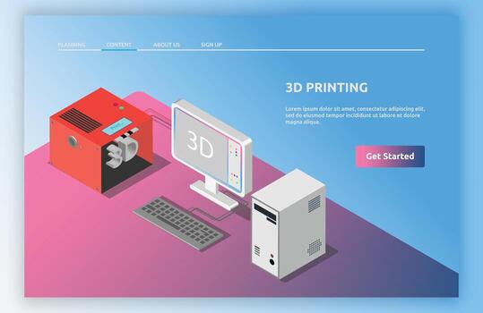 3D printing setup with computer and printer vector