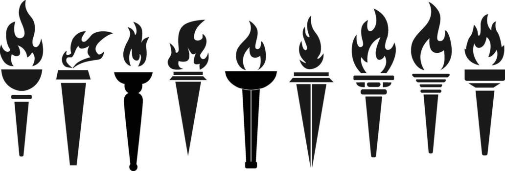 Torch Icons Collection .Stylized Black Silhouettes of Flaming Torches with Unique Flame and Handle Designs on White Background vector