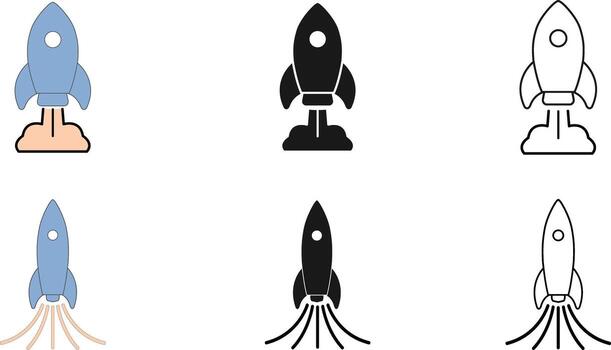 cohete icono conjunto . minimalista lanzamiento símbolos en doble estilo filas con propulsión efectos para innovación, puesta en marcha, y espacio temas vector