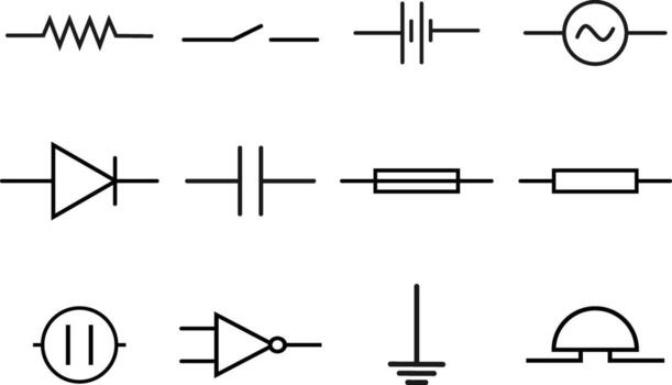 Electric Circuit Symbols Icon Set. outline of Resistor, Capacitor, Switch, Inductor, Lamp, Diode, Op-Amp, Ground, and Power Sources on White Background vector