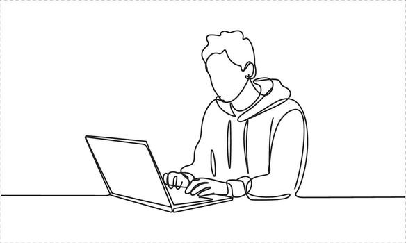Person in hoodie typing on laptop computer continuous line drawing notebook vector
