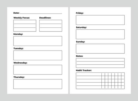 a5 semanal planificador con diario bloques, enfocar, plazos, notas, hábito rastreador, 2 paginas desparramar, minimalista diseño vector