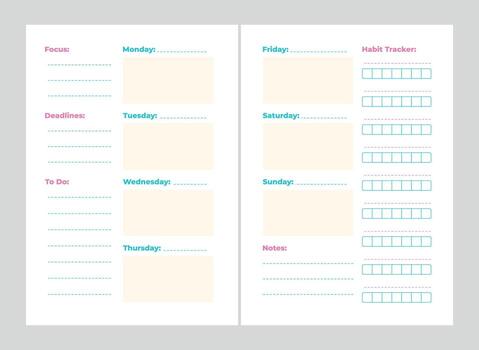 Weekly A5 planner spread in two page layout with habit tracker, tasks vector