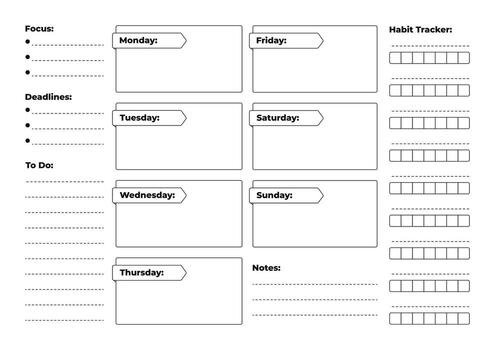 a4 semanal planificador con diario bloques, enfocar, plazos, que hacer lista, notas, y hábito rastreador en minimalista estilo vector