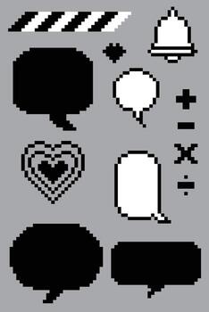 Retro Pixel Art UI Icon Set 8-bit Computer and Game Graphics black and white vector