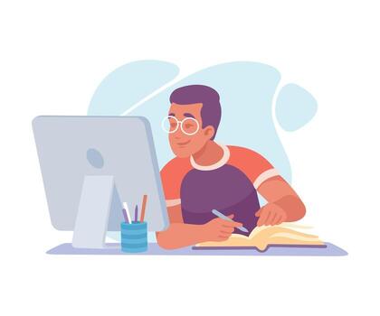 hombre estudiante personaje con libro a computadora pantalla aprender lección ilustración vector