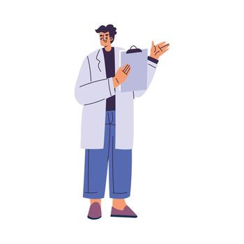 Man Scientist Character in Coat Standing with Clipboard Illustration vector