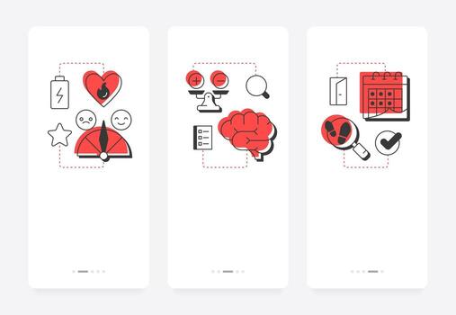 Job attitude components mobile app onboarding screens. Employee psychology, behaviour. Tracking, monitoring. Flat UI UX design, red highlight with outline icons conceptual vector